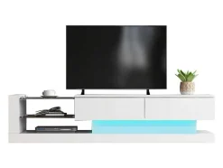 Vente-unique Tv-Meubel-Glanzend Tv-Meubel Met 2 Deuren En 2 Glazen Planken - Spaanplaat - Led'S - Wit