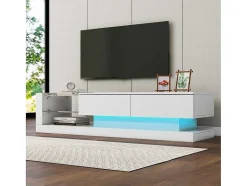 Vente-unique Tv-Meubel-Glanzend Tv-Meubel Met 2 Deuren En 2 Glazen Planken - Spaanplaat - Led'S - Wit