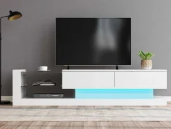 Vente-unique Tv-Meubel-Glanzend Tv-Meubel Met 2 Deuren En 2 Glazen Planken - Spaanplaat - Led'S - Wit