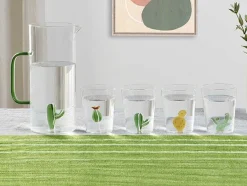 OZAIA Tafelservies-Glazen Karaf Met Cactus - Transparant En Groen - O14,5 X H24 Cm - Olata