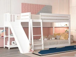 ModernLuxe Kinderbed Stapelbed-Grenen Stapelbed Met Plank En Glijbaan + Lattenbodem - 90X200Cm - Wit