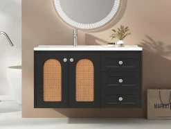 ModernLuxe Badkamermeubel Met Enkele Wastafel-Hangend Badkamermeubel - Een Keramische Wastafel En 3 Laden - Zwart (Spiegel, Kraan Niet Inbegrepen)