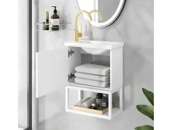 ModernLuxe Badkamermeubel Met Enkele Wastafel-Hangend Badkamermeubel Met Ingebouwde Wastafel - 1 Deur En 1 Open Metalen Plank - Wit (Kraan Niet Inbegrepen)
