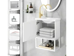 ModernLuxe Badkamermeubel Met Enkele Wastafel-Hangend Badkamermeubel Met Ingebouwde Wastafel - 1 Deur En 1 Open Metalen Plank - Wit (Kraan Niet Inbegrepen)