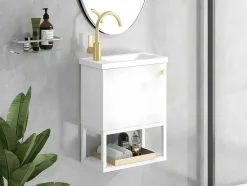 ModernLuxe Badkamermeubel Met Enkele Wastafel-Hangend Badkamermeubel Met Ingebouwde Wastafel - 1 Deur En 1 Open Metalen Plank - Wit (Kraan Niet Inbegrepen)