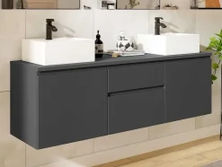 Vente-unique Dubbele Wastafel-Hangend Badkamermeubel Met Dubbele Wastafel - Grijs - 150 Cm - Jimena Ii