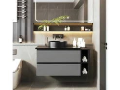 ModernLuxe Badkamermeubel Met Enkele Wastafel-Hangend Badkamermeubel Met Keramische Wastafel En 2 Laden - Marmeren Bladen L 80Cm - Modern Design - Grijs (Kraan Niet Inbegrepen)