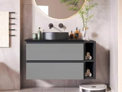 ModernLuxe Badkamermeubel Met Enkele Wastafel-Hangend Badkamermeubel Met Keramische Wastafel En 2 Laden - Marmeren Bladen L 80Cm - Modern Design - Grijs (Kraan Niet Inbegrepen)