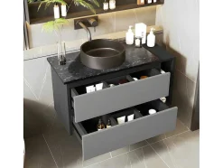 ModernLuxe Badkamermeubel Met Enkele Wastafel-Hangend Badkamermeubel Met Keramische Wastafel En 2 Laden - Marmeren Bladen L 80Cm - Modern Design - Grijs (Kraan Niet Inbegrepen)