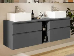 Vente-unique Dubbele Wastafel-Hangend Badkamermeubel Met Dubbele Wastafel - Grijs - 150 Cm - Magdalena Ii