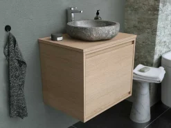 Vente-unique Badkamermeubel Met Enkele Wastafel-Hangend Badkamermeubel Met Opzet Wastafel Van Steen - Eiken Fineer - 60 Cm - Mesliva