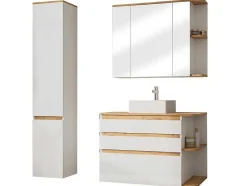 Vente-unique Badkamermeubel Met Enkele Wastafel-Hangend Badkamermeubel Met Wastafel, Zuil En Spiegelkast - Naturel En Wit - 94 Cm - Anid