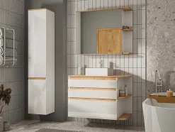 Vente-unique Badkamermeubel Met Enkele Wastafel-Hangend Badkamermeubel Met Wastafel, Zuil En Spiegelkast - Naturel En Wit - 94 Cm - Anid