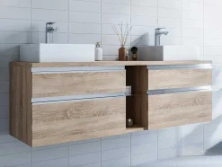 Vente-unique Dubbele Wastafel-Hangend Badkamermeubel Met Dubbele Wastafel - Natuurlijk Licht Kleur - 150 Cm - Magdalena Ii