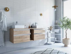 Vente-unique Dubbele Wastafel-Hangend Badkamermeubel Met Dubbele Wastafel - Natuurlijk Licht Kleur - 150 Cm - Magdalena Ii