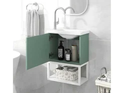 ModernLuxe Badkamermeubel Met Enkele Wastafel-Hangend Badkamermeubel Met Ingebouwde Wastafel - 1 Deur En 1 Open Metalen Plank - Lichtgroen (Kraan Niet Inbegrepen)