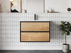 Vente-unique Badkamermeubel Met Enkele Wastafel-Hangend Badkamermeubel Met Ingebouwde Wastafel - Licht Naturel En Zwart - 80 Cm - Lannick