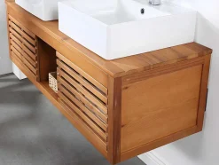 Vente-unique Dubbele Wastafel-Hangend Badkamermeubel Van Acaciahout Met Dubbele Wastafel En Spiegels - 130 Cm - Penebel