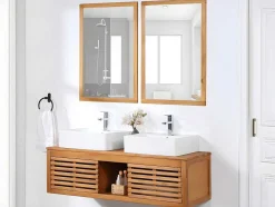 Vente-unique Dubbele Wastafel-Hangend Badkamermeubel Van Acaciahout Met Dubbele Wastafel En Spiegels - 130 Cm - Penebel