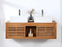 Vente-unique Dubbele Wastafel-Hangend Badkamermeubel Van Acaciahout Met Dubbele Wastafel - 130 Cm - Penebel