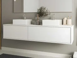 Vente-unique Dubbele Wastafel-Hangend Badkamermeubel Wit Met Dubbele Wastafel - L150 Cm - Isaure Ii