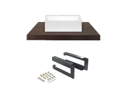 Vente-unique Muurkast Badkamer-Hangend Bureau Van Donker Teakhout Met Zwarte Beugels En Wastafel - 80 X 50 Cm - Sukawati