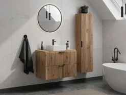 Vente-unique Badkamermeubel Met Enkele Wastafel-Hangend Geribbeld Badkamermeubel Met Wastafel Om Te Plaatsen - Licht Naturel - 80 Cm - Zevara