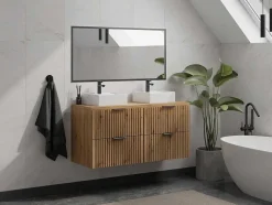 Vente-unique Dubbele Wastafel-Hangend, Geribbeld Wastafelmeubel Met Opzetwastafel - Lichte Houtlook - L120 Cm - Zevara