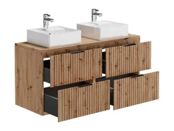 Vente-unique Dubbele Wastafel-Hangend, Geribbeld Wastafelmeubel Met Opzetwastafel - Lichte Houtlook - L120 Cm - Zevara