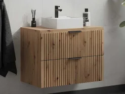 Vente-unique Badkamermeubel Met Enkele Wastafel-Hangend, Geribbeld Wastafelmeubel Met Opzetwastafel - Lichte Houtlook - L80 Cm - Zevara