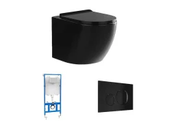 Vente-unique Hangend Toilet-Hangend Toilet Pakket In Glanzend Zwart Met Inbouwreservoir En Bedieningsplaat - Javoine
