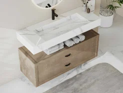 Shower & Design Wastafel-Hangende Solid Surface Wastafel In Wit Marmer Effect Takotna - L.120.2 X B.45.2 X H.8 Cm