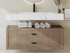 Shower & Design Wastafel-Hangende Solid Surface Wastafel In Wit Marmer Effect Takotna - L.120.2 X B.45.2 X H.8 Cm
