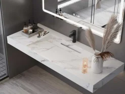 Shower & Design Wastafel-Hangende Solid Surface Wastafel In Wit Marmer Effect Takotna - L.120.2 X B.45.2 X H.8 Cm