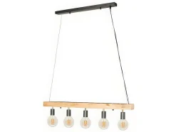 Vente-unique Hanglamp-Hanglamp Van Hout Julbo Met 5 Lampen In Industriele Stijl - Hout En Metaal - H17,5 X L100 Cm - Naturel En Zwart