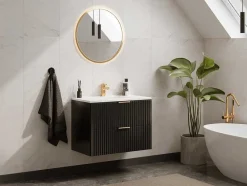 Vente-unique Badkamermeubel Met Enkele Wastafel-Hangmeubel Voor Badkamer Met Strepen Met Inbouwwastafel - Zwart - 80 Cm - Zevara
