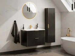 Vente-unique Badkamermeubel Met Enkele Wastafel-Hangmeubel Voor Badkamer Met Strepen Met Inbouwwastafel - Zwart - 80 Cm - Zevara