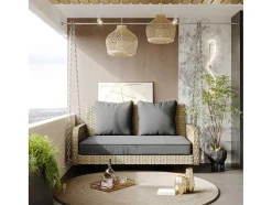 ModernLuxe Hangstoel-Hangstoel In Geweven Hars - Tuinschommel - 2 Plaatsen - Met Kussens - Beige & Grijs