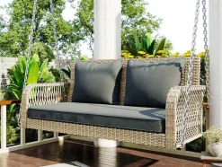 ModernLuxe Hangstoel-Hangstoel In Geweven Hars - Tuinschommel - 2 Plaatsen - Met Kussens - Beige & Grijs