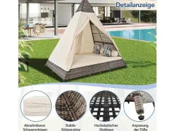 Vente-unique Ligstoel-Hemel Tuinbed 2 Tot 4 Plaatsen - Grijs Rotan En Beige Deurgordijn - Inclusief Kussens - Voor Buiten