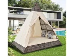 Vente-unique Ligstoel-Hemel Tuinbed 2 Tot 4 Plaatsen - Grijs Rotan En Beige Deurgordijn - Inclusief Kussens - Voor Buiten