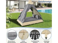 Vente-unique Ligstoel-Hemel Tuinbed 2 Tot 4 Plaatsen - Beige Rotan En Grijs Deurgordijn - Inclusief Kussens - Voor Buiten