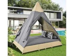 Vente-unique Ligstoel-Hemel Tuinbed 2 Tot 4 Plaatsen - Beige Rotan En Grijs Deurgordijn - Inclusief Kussens - Voor Buiten