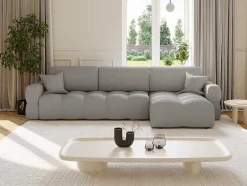 Vente-unique Designer Zitbank-Hoekslaapbank Met Omkeerbare Hoek Van Cremewitte Bouclestof Issoro
