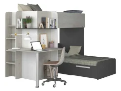 Vente-unique Kinderbed Stapelbed-Hoekstapelbed 2 X 90 X 190 Cm - Met Bureau - Grijs, Wit En Zwart - Samuel
