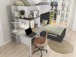 Vente-unique Kinderbed Stapelbed-Hoekstapelbed 2 X 90 X 190 Cm - Met Bureau - Grijs, Wit En Zwart - Samuel