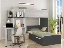 Vente-unique Kinderbed Stapelbed-Hoekstapelbed 2 X 90 X 190 Cm - Met Bureau - Grijs, Wit En Zwart - Samuel