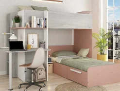 Vente-unique Kinderbed Stapelbed-Hoekstapelbed 2 X 90 X 190 Cm - Met Bureau - Grijs, Wit En Roze + Matras - Samuel
