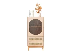 ModernLuxe Buffetkast-Hoog Dressoir Met 1 Transparante Acryldeur En 2 Rotan Lades - Landelijke Stijl - Naturel