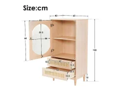 ModernLuxe Buffetkast-Hoog Dressoir Met 1 Transparante Acryldeur En 2 Rotan Lades - Landelijke Stijl - Naturel